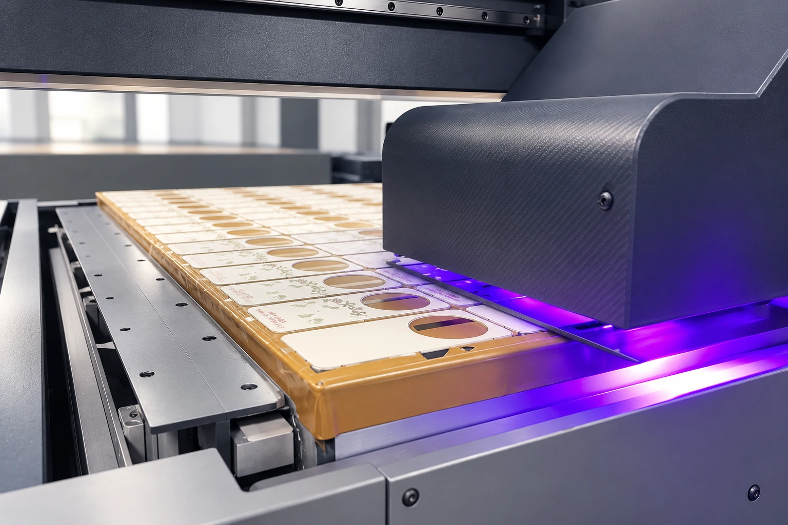 Printing head illuminated by violet UV light above rows of phone-case backplates