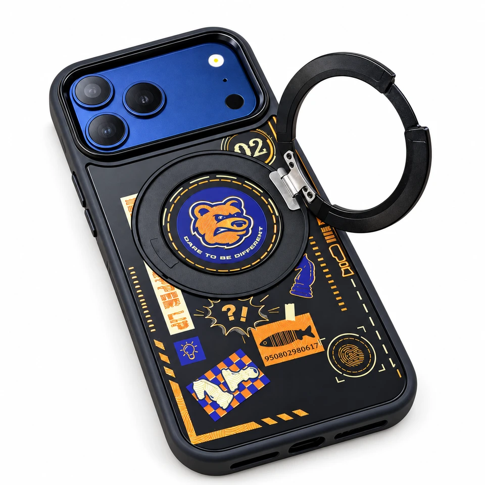 Illustrated case with a circular stand mount, printed center disc and open ring