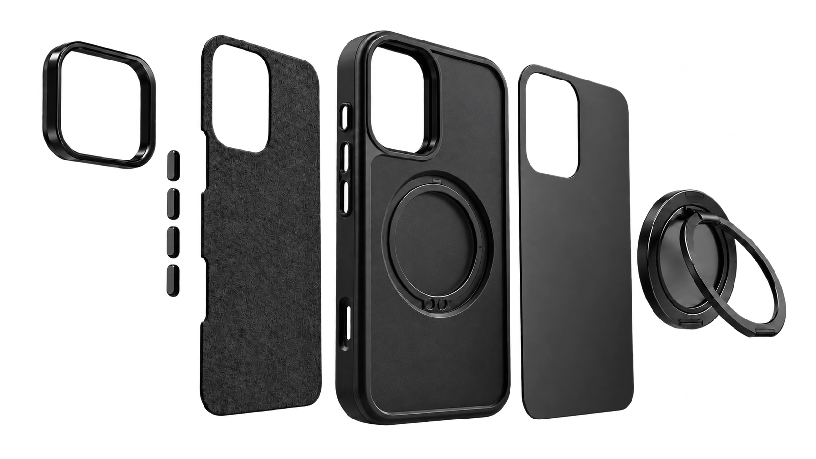 Illustrative exploded case assembly showing a camera frame, side buttons, lining, case body, backplate and ring stand