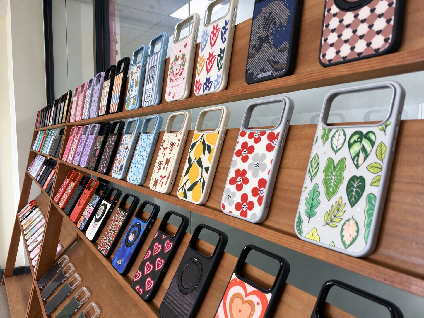 ZENPHUE showroom display rack with assorted printed phone cases and backplate samples
